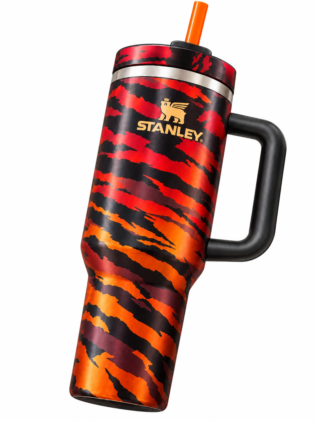 Stanley Quencher Style Tumbler with Handle & Straw – Red Orange Black Tiger Pattern