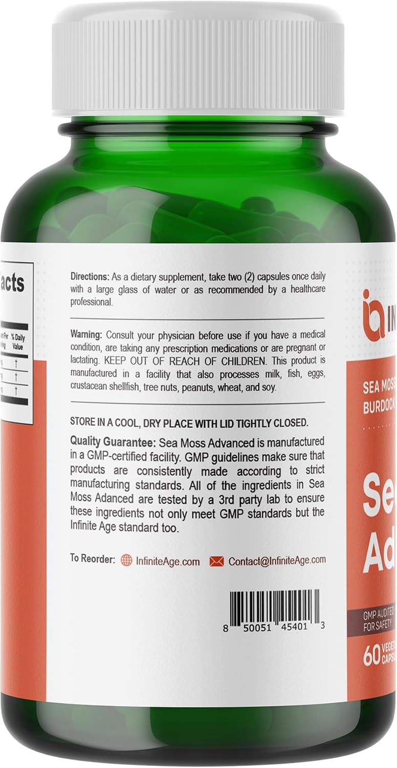 INFINITE AGE 1250mg Sea Moss Advanced Superfood Capsules - High-Potency Vegan Supplement - 60 Count