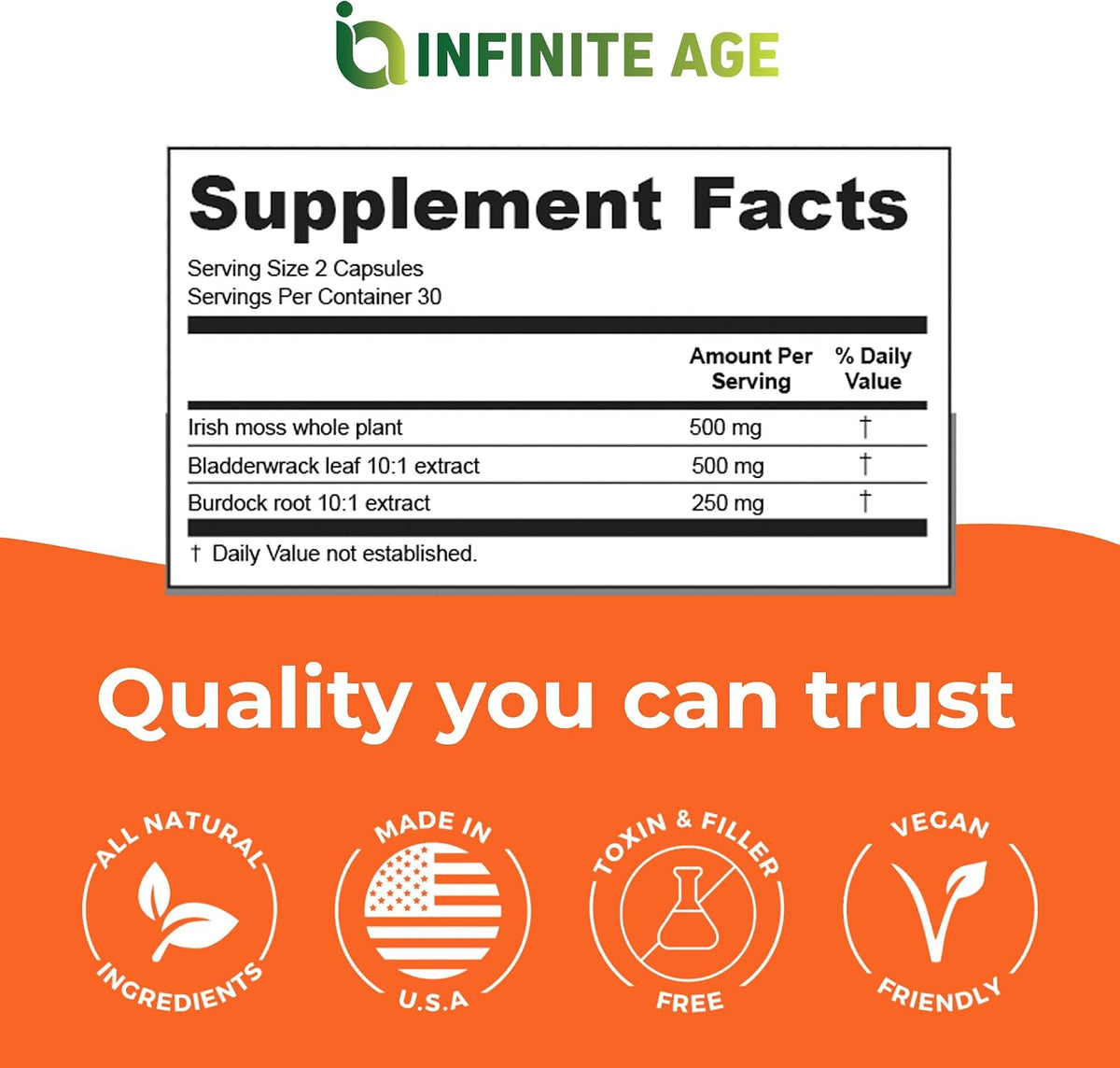 INFINITE AGE 1250mg Sea Moss Advanced Superfood Capsules - High-Potency Vegan Supplement - 60 Count