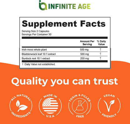 INFINITE AGE 1250mg Sea Moss Advanced Superfood Capsules - High-Potency Vegan Supplement - 60 Count